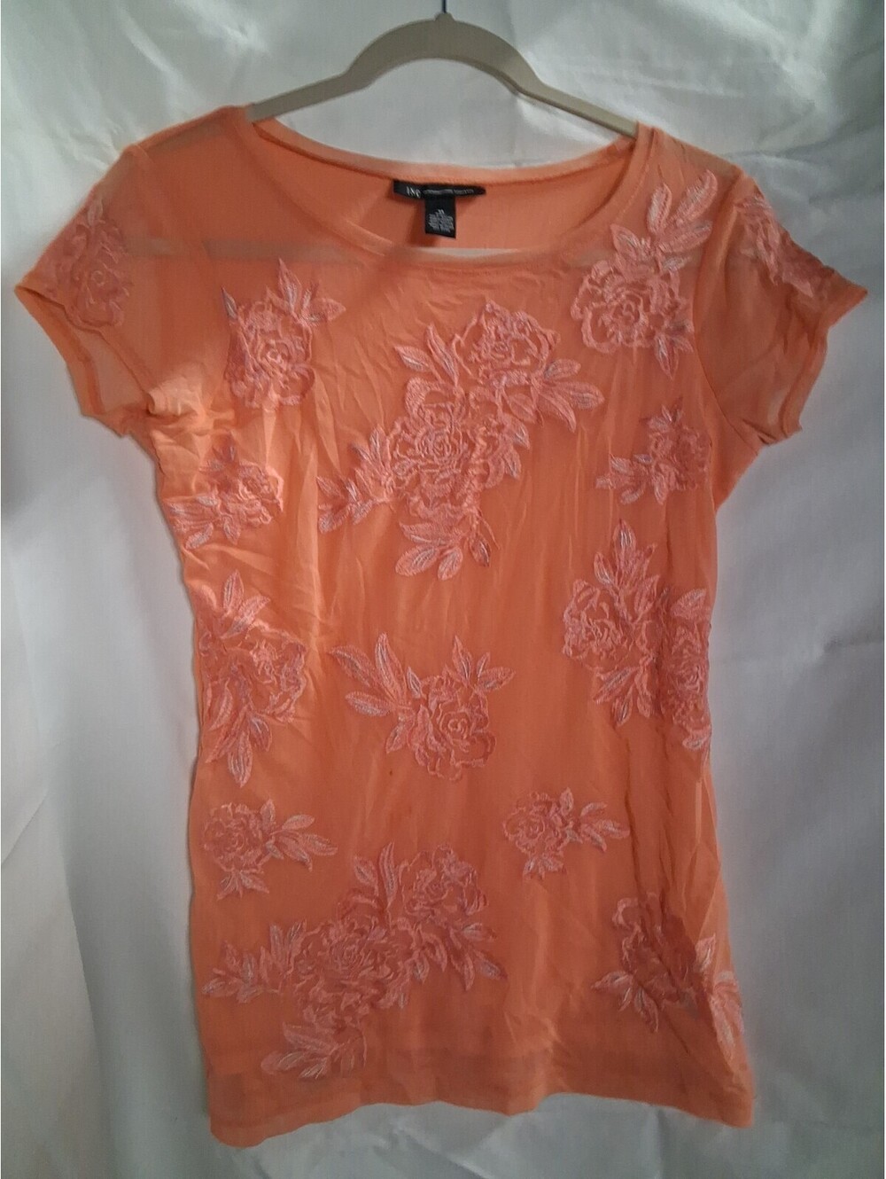 INC International Concepts Vintage Coral Blouse With Embroidered Roses Medium O2